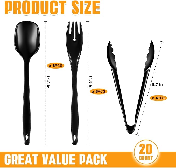 20Pcs Disposable Plastic Serving Utensils, Buffet Serving Utensils Set | 8 Black Plastic Serving Spoons, 4 Tongs, 8 Forks for Catering, Entertaining and Parties