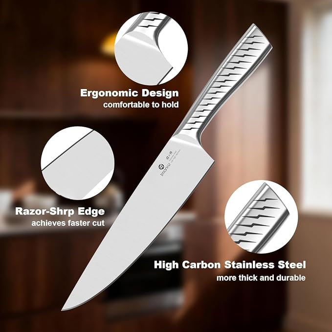 imarku 14-Piece Knife Set. Pro power, home ease | Self-sharpening builds skill. Razor-sharp high carbon steel. Grip boosts confidence. Steady, non-slip prep.