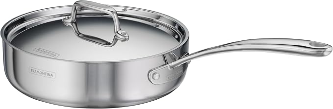 Tramontina Utsava Tri-Ply Clad Stainless Steel 2.9-Quart Saute Pan with Lid | Ceramic Non Stick Interior, Induction-Ready Cooking Pan