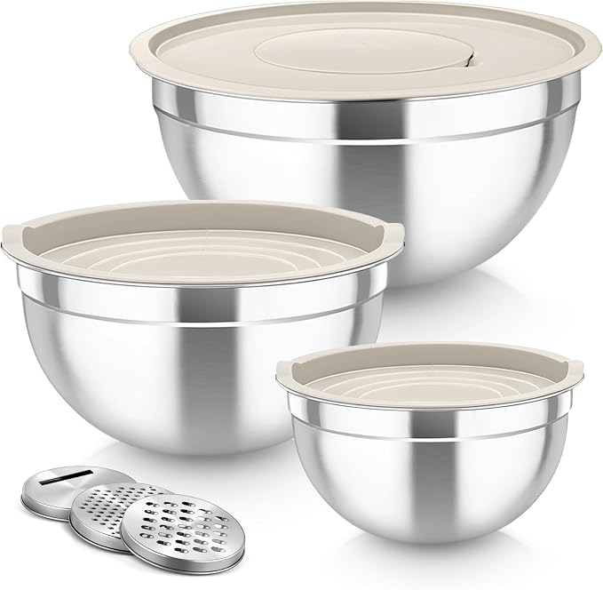 TeamFar Mixing Bowls, Stainless Steel Nesting Salad Bowls Set | Mixing Bowls with Lids & 3 Grater Attachments, For Mixing/Serving/Storing, Non-toxic & Long-lasting, 4.6/3/1.5 QT, Khaki