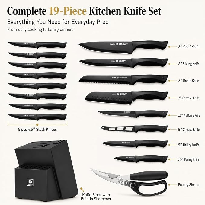 19-Piece Kitchen Knife Set with Block and Built-In Sharpener, Black | High-carbon stainless steel blades, nonstick coating, ergonomic handles and dishwasher-safe care