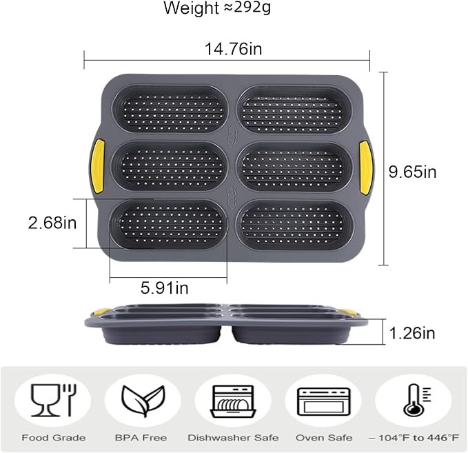 Silicone Bread Loaf Pan, Nonstick Baguette Bread Pan, 6-cavity | Food Grade Silicone Molds for Baking Hot Dog Buns Hoagie Rolls Sandwich, Sourdough Loaf Pan, Bread Pans for Homemade Bread