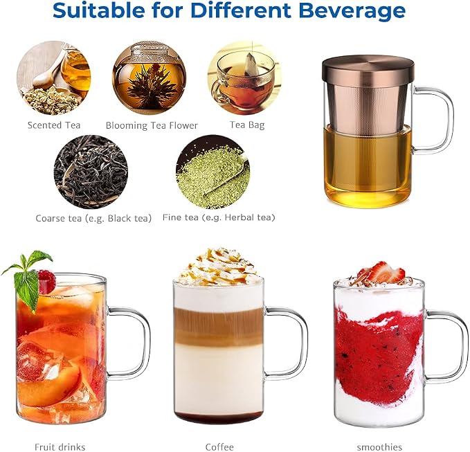 ecooe Tea Infuser Mug 16.9oz Glass Tea Cup with Removable Stainless Steel Infuser and Lid, Clear Glass Tea Cup 500ml Teacup for Loose Leaf Tea, Birthday for Parents Dad Mum Friends (Bronze) | 500ml, Clear Glass Tea Cup, with Stainless Steel Infuser/Lid...