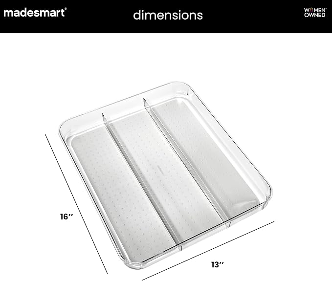 madesmart Clear 3 Compartment Utensil Tray, Grey | non slip feet, rounded corners, see through design, soft grip lining, wide channels, spatulas whisks tongs, woman owned