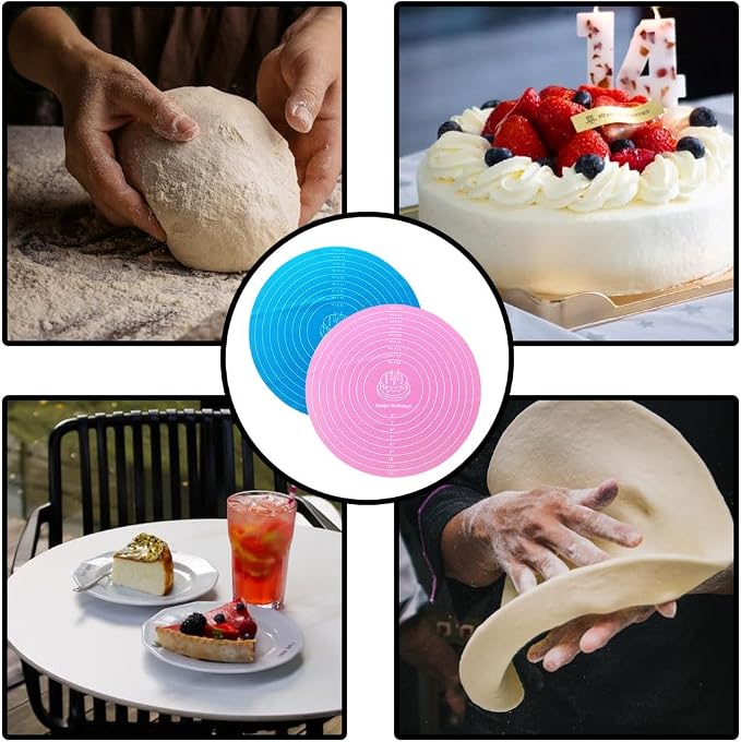 2 Pcs 12 Inch Silicone cake mats, Cake turntable mat | Blue and Pink Silicone Baking Pad, Round Cake Decorating Mat for Rotating Stand, Washable Pastry Sheet for Bread Pizza Dough