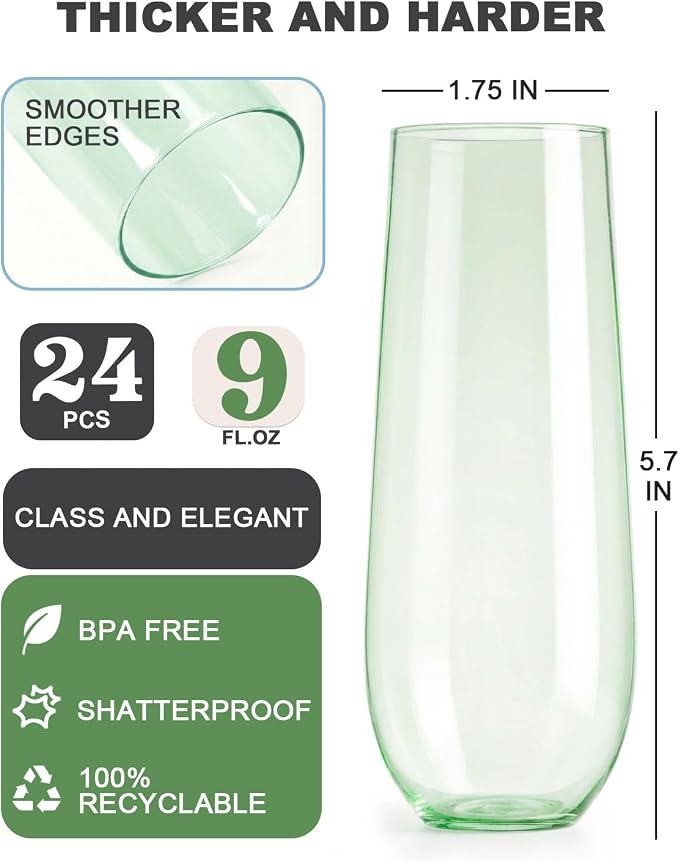 24 Pack Plastic Champagne Flutes, 9 Oz Disposable Wine Mimosa Glasses | Stemless Champagne Flutes Cocktail Glasses, Plastic Party Cups for Bridal Shower Bachelorette Party (Green)