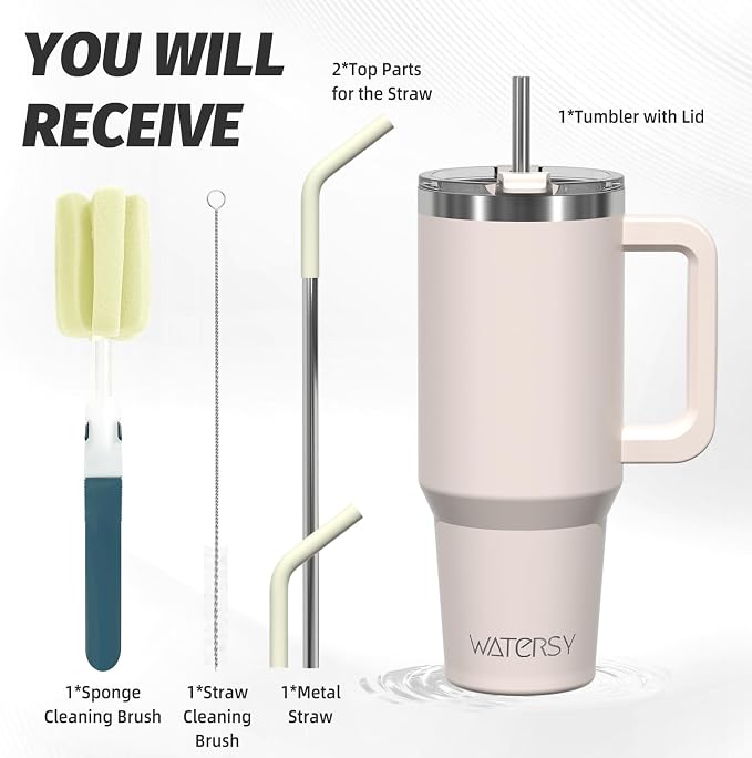 40 oz Tumbler with Handle,Tumbler with Lid and Straw,Double Wall Insulated Cup Stainless Steel Travel Mug(Cold for 34 Hours),Water Bottle for Iced Tea,Coffee,Cold Beverages(Ivory Beige)