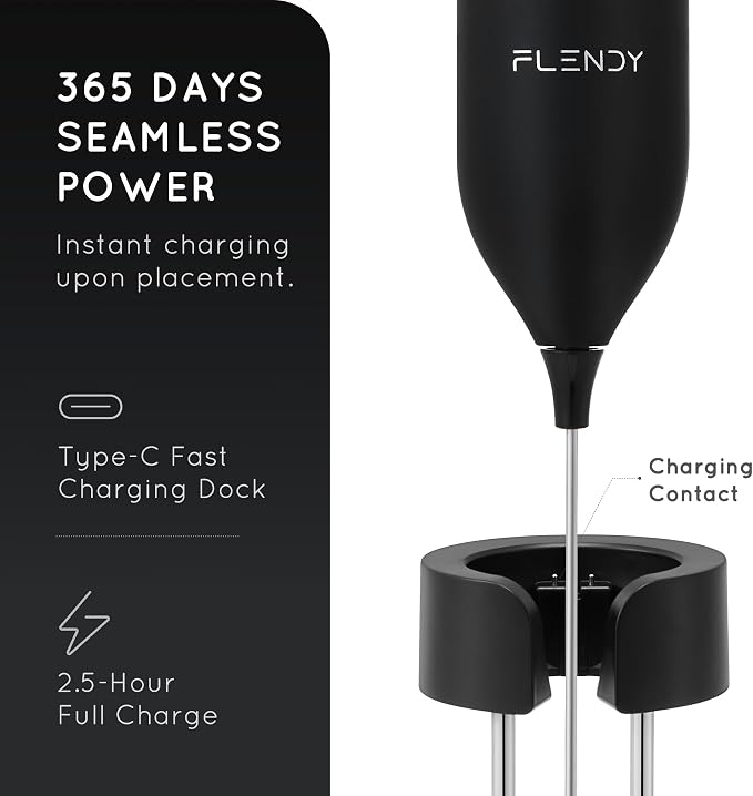 Flendy Rechargeable Milk Frother Handheld with Charging Stand | USB-C Charging Dock, 2 Detachable Double Whisk, Extra Long Mixer Wand, Wall Mount, Top Button, Compact Electric Stirrer