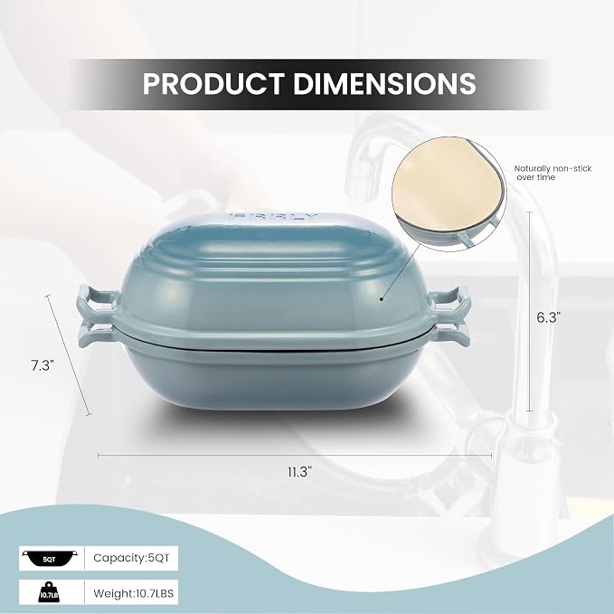 Enameled Cast Iron Dutch Oven for Sourdough Bread Baking,11 x 7 Inch Oval Cast Iron Bread Pan with Lid,Dutch Oven for Homemade Sourdough Baking,5 QT Meatloaf Pan,Oven Safe(Ocean Blue)