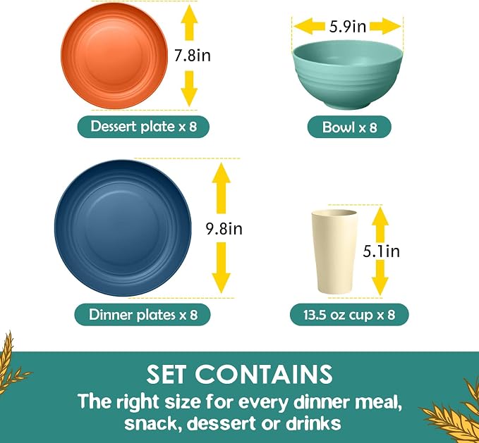 Teivio 32-Piece Plates and Bowls Sets for 8,Colorful Kitche Dinnerware Sets | 13.5oz Cups, Plastic Wheat Straw Unbreakable Dish Set, Dishwasher Safe, for Outdoor Camping RV Apartment Essentials Plate Set