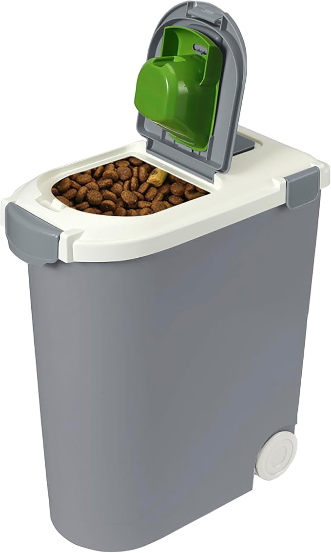 Ashfield & Harkness Airtight Pet Food Storage Container, Holds 30lbs | Grey BPA-free HDPE bin with silicone seal, measuring scoop on lid, snap latch - fits dogs, cats & more