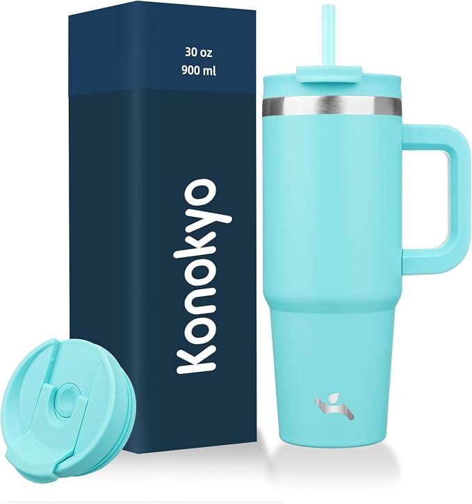 Konokyo 30 oz Insulated Tumbler Water Bottle with Handle, Straw Lid | BPA-free and dishwasher safe; made for gym, travel, coffee and gifting, 2 straws, cup holder friendly,Turquoise
