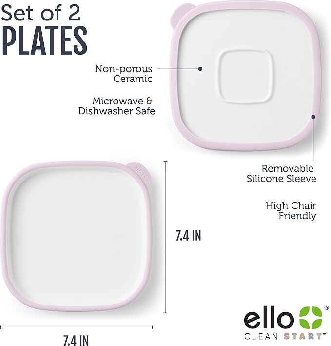 Ello Clean Start Ceramic Toddler Plates with Sleeves, 2 Pack, Dewdrop/Sugarplum