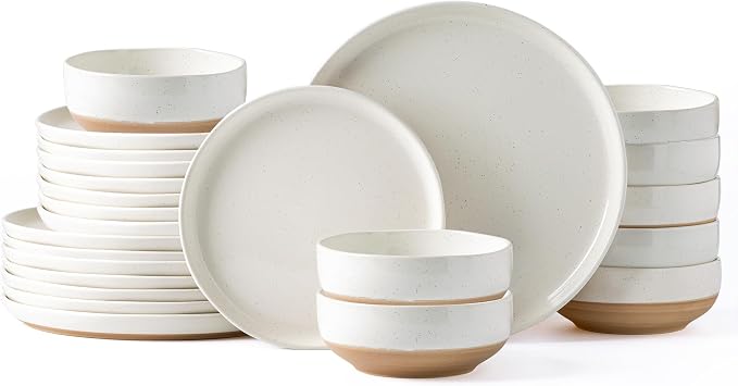 AmorArc Dinnerware Sets for 8, 24 Pieces Ceramic Plates and Bowls Set | Scratch Resistant Stoneware Dishes Set, Dishwasher & Microwave Safe, Light Beige