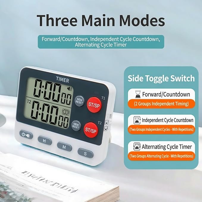 Digital Dual Kitchen Timer, 2 Channels Count UP/Down Kitchen Timer for Cooking, Large Display Cooking Timer with Magnetic Back, Loud Volume Alarm and Flashing Light, Battery Included