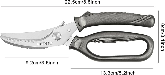 CHEN-KE Rust Resistant Heavy Duty Multipurpose Kitchen Shears-Grey | Stainless Steel Kitchen Scissors, One-Hand, Ergonomic Grip, Sharp Durable Poultry Scissors for Chicken, Meat, Food Cutting