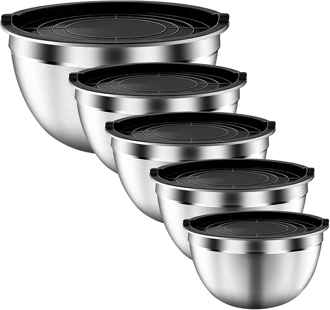 Mixing Bowls with Airtight Lids Set, 5 PCS Stainless Steel Black | Nesting Storage Bowls for Kitchen, Large Prep Metal Bowl, 5.5/4/3.5/2/1.5 QT for Mixing, Serving & Backing, Dishwasher Safe