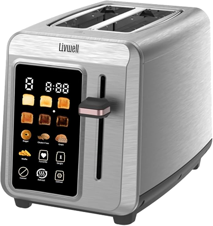LIVWELL Smart Touch 2-Slice Metal LED Toaster - Brushed SS Finish | LED Touch Screen, 6 Browning Levels, Countdown Timer, Cancel Function, Defrost Setting, Even Heating, Compact Design