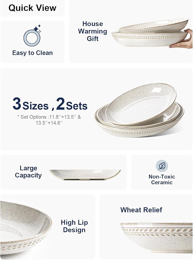 LE TAUCI Ceramic Serving Bowls Set of 2, Large Oval Serving Dishes for Entertaining, 13.5 & 14.6 Inch Salad Bowl for Kitchen Counter, Fruit Bowl, Pasta Bowls, Microwave and Dishwasher Safe - Birch