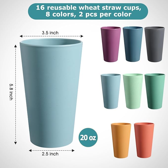HEYCOME Set of 16 Wheat Straw Cups, 16 Pcs 20 oz Unbreakable Drinking Cups, Reusable Plastic Cups Sets, Water Glasses Tumblers, Microwave & Dishwasher Safe, Bpa Free, 8 Colors