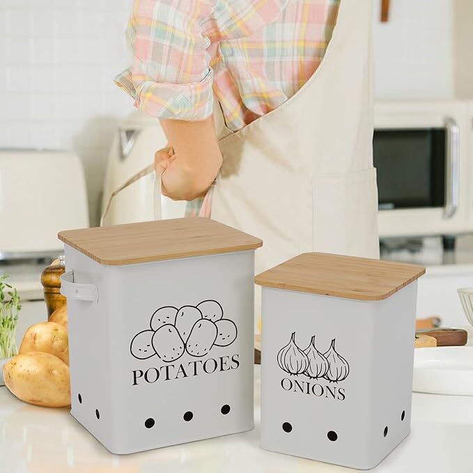Kitchen Vegetable Storage Tins Set of 2, Onion and Potato Storage Bins with Wooden Lid and Aerating Holes, Garlic Bin Caddy, Vintage Kitchen Decor, White