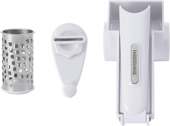 Farberware Pro Rotary Cheese Grater, Hand Crank Parmesan Grater with Stainless Steel Drum, Ergonomic Handle, Dishwasher Safe, White