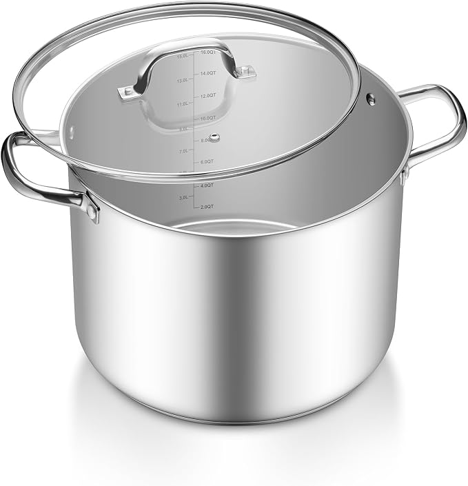 TeamFar Stainless Steel Stock Pot, 16QT Tri-ply Bottom Large Stockpot | Cooking Soup Pot with Lid, for Induction Gas Electric Glass Tops, Non Toxic & Sturdy, Straight Side & Various Stovetops Safe