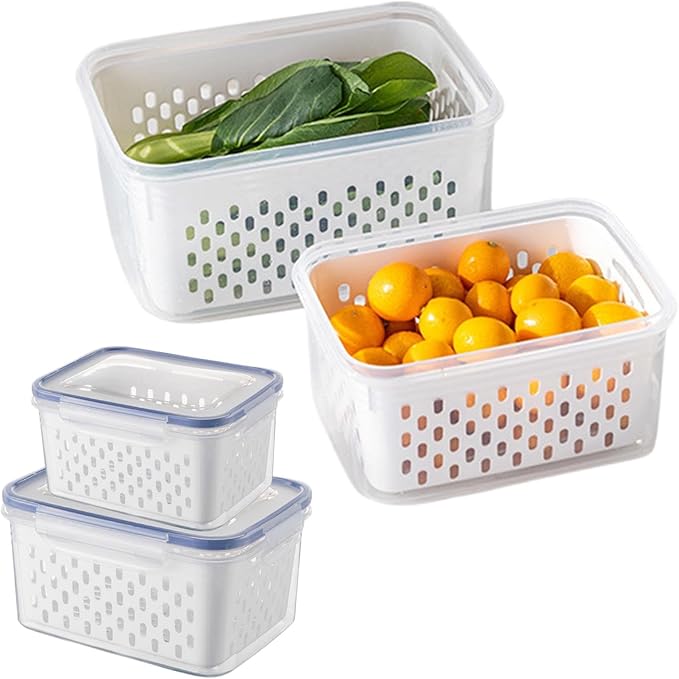 2pcs Fruit Storage Containers for Fridge, Leakproof Food Storage Containers with Removable Colander Airtight Food Storag-e Container Keep Produce Vegetables Berr-y Fresh Longer(COLOR:Clear White)