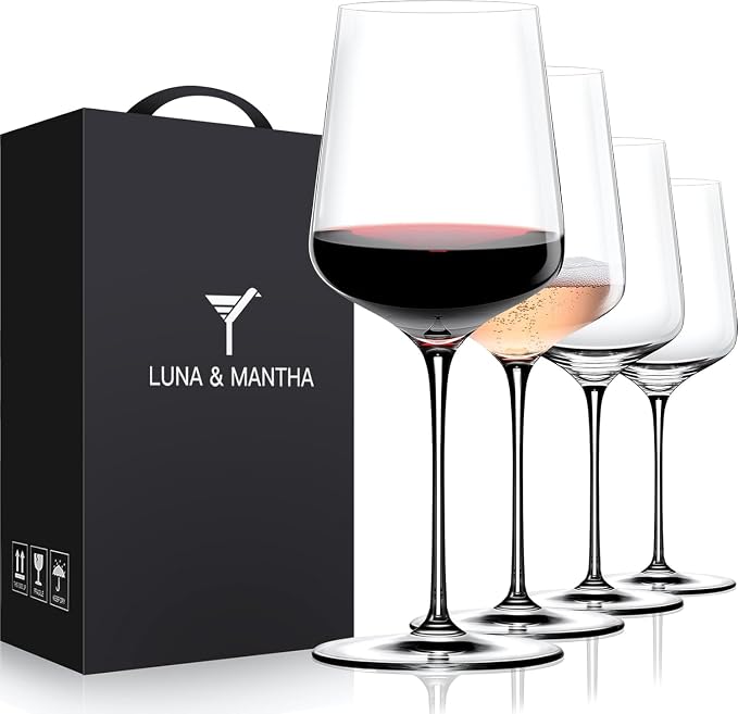 Red Wine Glasses Set of 4, 15oz Crystal Hand Blown, Long Stem, Gift | Clear, Wtite Wine Glass, Ideal Gift for Set, Toasting at Weddings or Birthdays, Daily Use