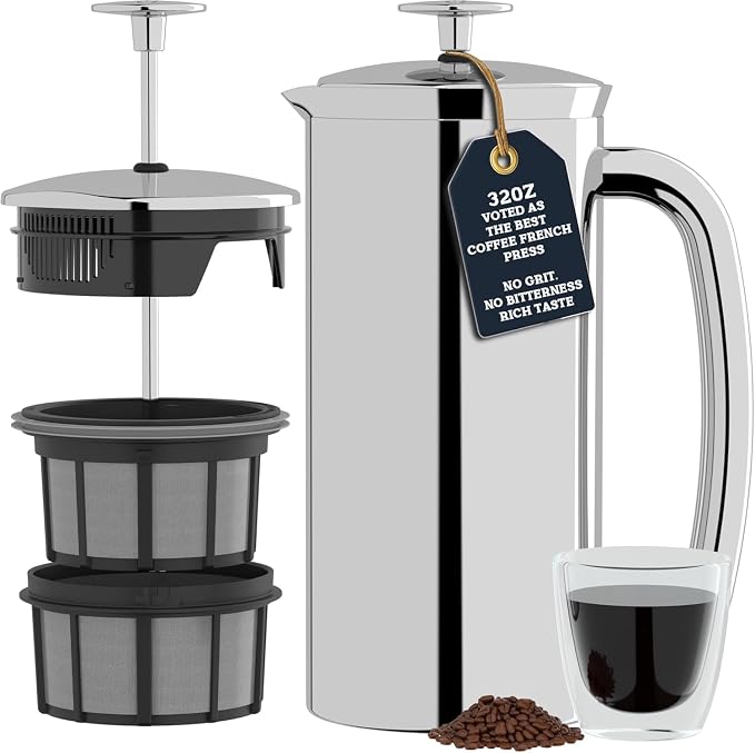 ESPRO P7 French Press, 32oz, Polished, Stainless Steel Coffee Maker | Double Filter Coffee Press, Grit-Free Coffee, Heat Resistant Insulated tea Press, Easy Hot and Cold Coffee Brewer, Tea Brewer