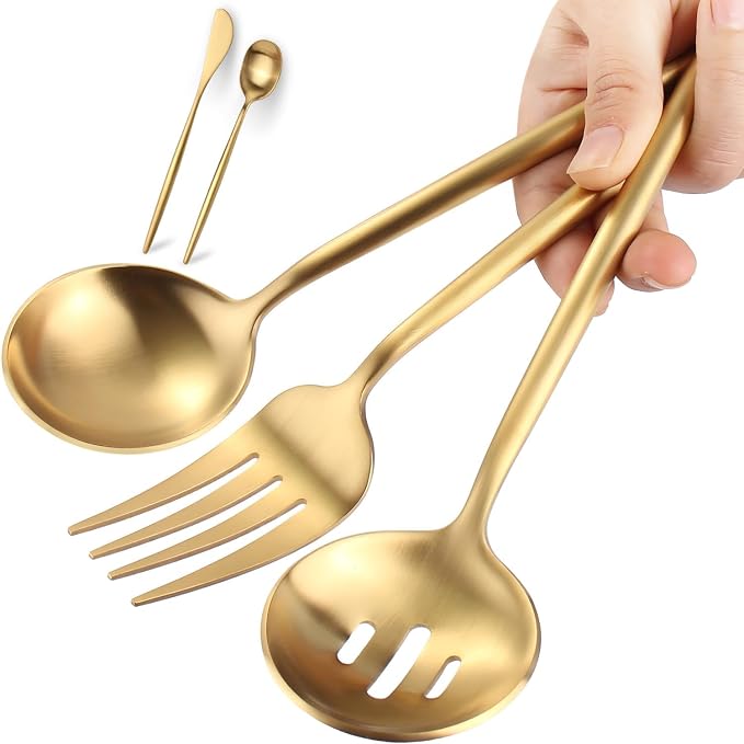 Gold Serving Utensils Set,5pc Stainless Steel Serving Spoons | 10.8inch,matte gold,serving utensils set for buffet,parties&daily dining,serving spoons,flatware for elegant serving