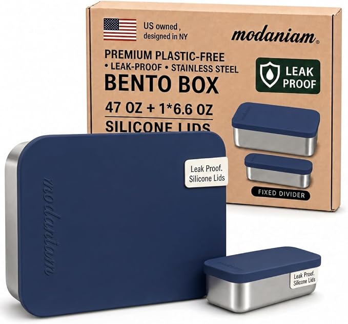 Flexibento - Leak proof Stainless Steel Lunch Box Containers with Silicone Lids, Steel Bento Box, Metal lunch Box, Navy-47OZ-Set Of 2