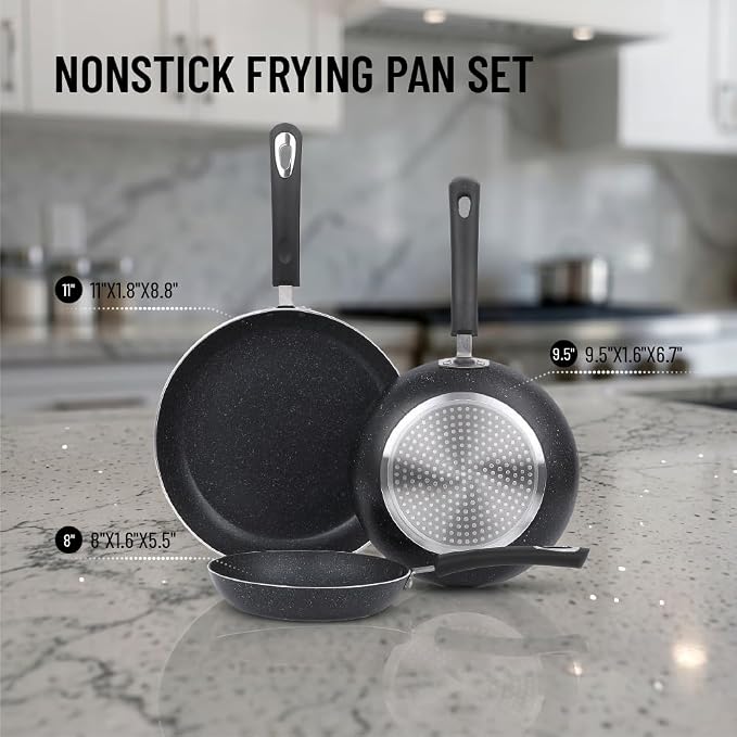 Nonstick Frying Pan Set-3-Pieces Skillet Set Induction Compatible,8 Inch,9.5 Inch and 11 Inch Omelette Pan with Bakelite Handles