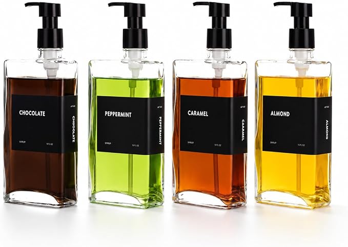 Glass Coffee Syrup Dispensers with Pumps, Syrup Bottles with Label Set - Essential Coffee Bar Accessories, 11.8 oz/350ml