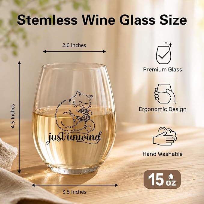 Just Unwind Stemless Wine Glass, Cute Sleeping Cat Print Clear Crystal Wine Glass, Funny Relaxation Gifts for Cat Lovers, Lead-Free Drinking Glasses for Home Bar, Christmas, Birthday Gifts