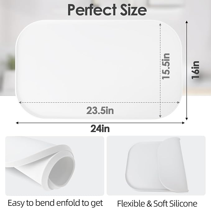 Silicone Coffee Maker Mat with Lip for Countertops, 24'' x 16'', White | Multi leak-proof coffee tray for countertop, non-slip silicone mat fits most coffee makers & espresso machines, wipe-clean