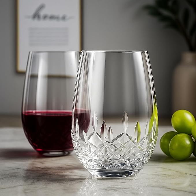 SHOSHIN Stemless Wine Glasses Set of 4, Hand Cut Crystal Wine Glasses, 18 oz Lead-Free Crystal Drinking Glasses with Gift Box, Elegant Glassware for Red Wine, White Wine, Cocktails, Wedding Gifts