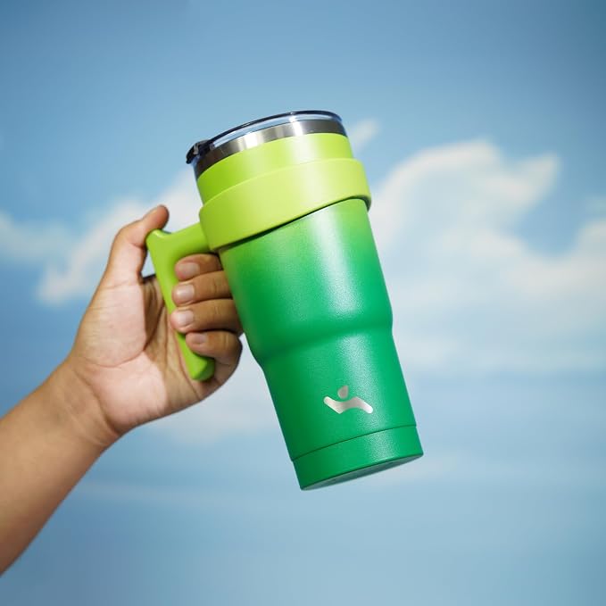 Konokyo 20 oz Tumbler with Handle and Straw, Insulated Travel Mug | Matcha Green; BPA-free, leak-proof tumbler with 2 lids, 2 straws, cup holder fit for coffee, office, travel & daily use