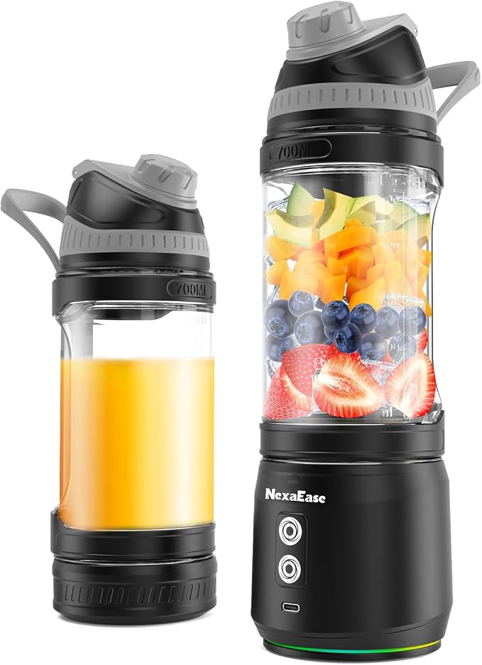 Portable Blender Personal Juicer for Shakes Smoothies with Travel Lid | 24 Oz Electric Protein Shaker Bottle, USB-C Rechargeable, Mini Small Cordless Blender Cup for Kitchen Travel Gym