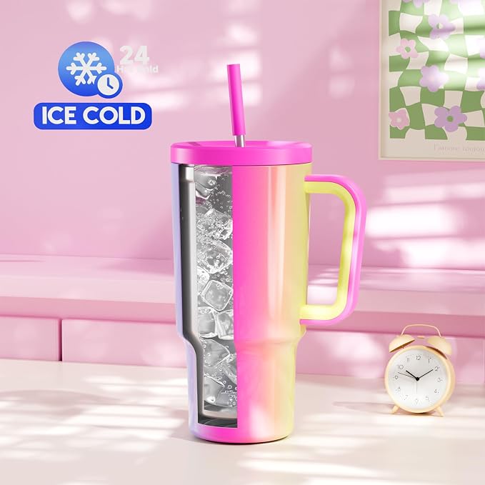 Meoky 30 oz Tumbler with Handle, Tumbler with Lid and Straw, Insulated Stainless Steel Travel Mug, 100% Leak-proof, Cupholder Friendly, Keeps Cold for 24 Hours or Hot for 8 Hours (Carnival)