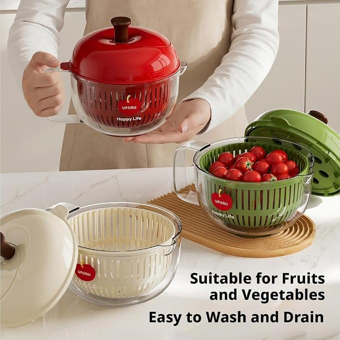 Apple Shaped Salad Spinner Double Layer Vegetable Dryer Washer, High Speed Hand Crank Colander with Lid, Detachable Drain Basket for Kitchen Prep Accessories For Home, Camping, Picnic