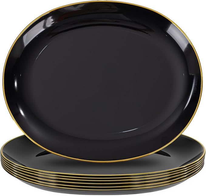 6PACK Black Oval Plastic Plates - 10"x12" Black and Gold Disposable Platters - Heavy Duty Serving Trays for Party/Birthdays/Catering/Weddings/BBQ