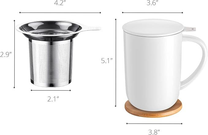 CEEFU 16oz Porcelain Tea Mug with Infuser, Lid and Coaster | Teaware with Filter, Loose Leaf Tea Cup Steeper Maker, Tea/Coffee/Milk/Women/Office/Home/Gift, White
