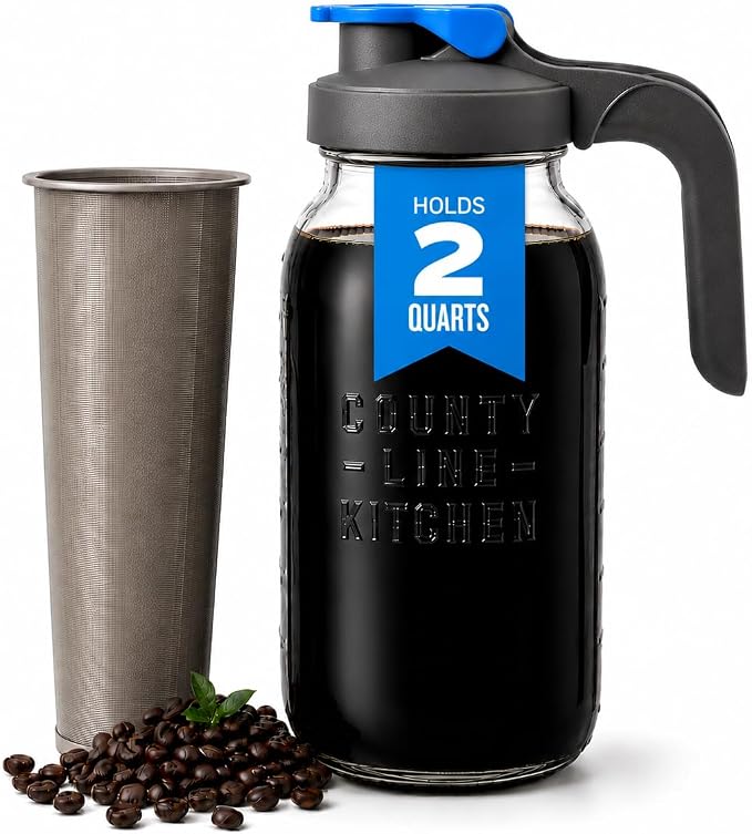 County Line Kitchen 64oz Cold Brew Coffee Maker with Leak Proof Lid - Gray | Glass Cold Brew Coffee Maker - Wide Mouth Mason Jar, Stainless Steel Filter & Leak-Proof Lid (64 oz)
