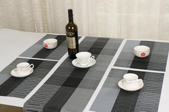 SHACOS Woven Vinyl Table Runner PVC Table Runner 12 x 71 inch Wipe Clean Indoor Outdoor, Ombre Black and Gray
