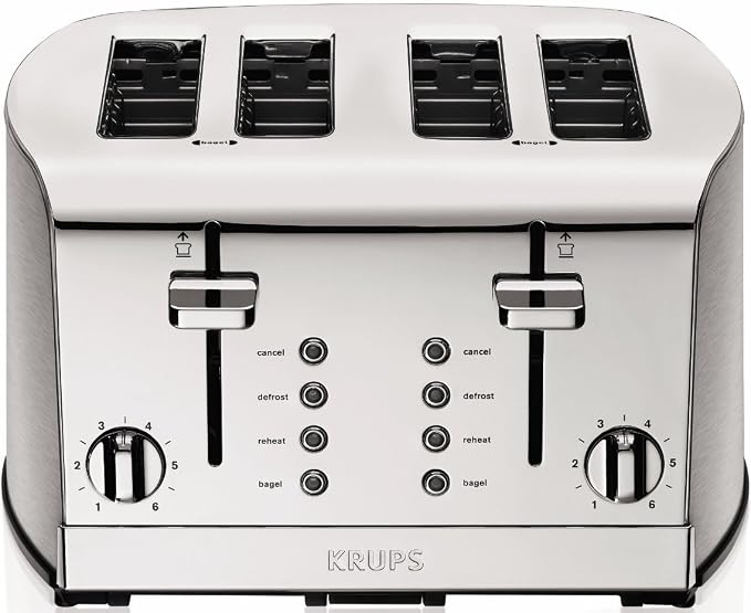 KRUPS: Breakfast Set Stainless Steel Toaster 4 Slice 1500 Watts 6 Brown Settings, Defrost, Reheat, High Lift Lever Silver, Matte and Chrome