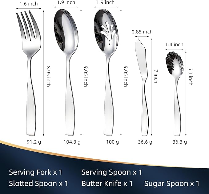 5-Piece Stainless Steel Serving Utensils Set | Mirror Polished, Silverware Serving Set, Hostess Set for Kitchen Indoors, Dishwasher Safe
