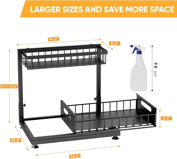 L-Shaped Under Sink Organizer, 2-Tier Pull-out Cabinet Rack 1-Pack | Black Height-Adjustable Steel Rack, Sliding Grid Drawers with PP Liners, Holds 100 Lbs, Suction Base, Ideal Kitchen Storage