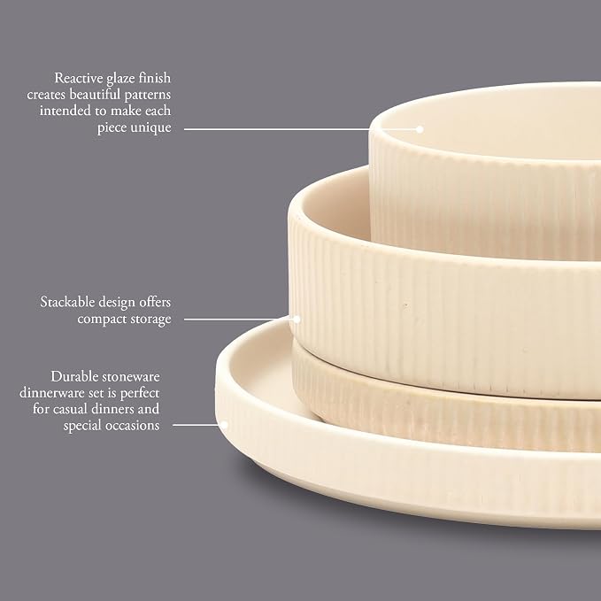 Gibson Elite Deerfield 16-Piece Stoneware Dinnerware Set – Cream White Reactive Glaze Plates and Bowls, Stackable Design, Service for 4 – Dishwasher & Microwave Safe