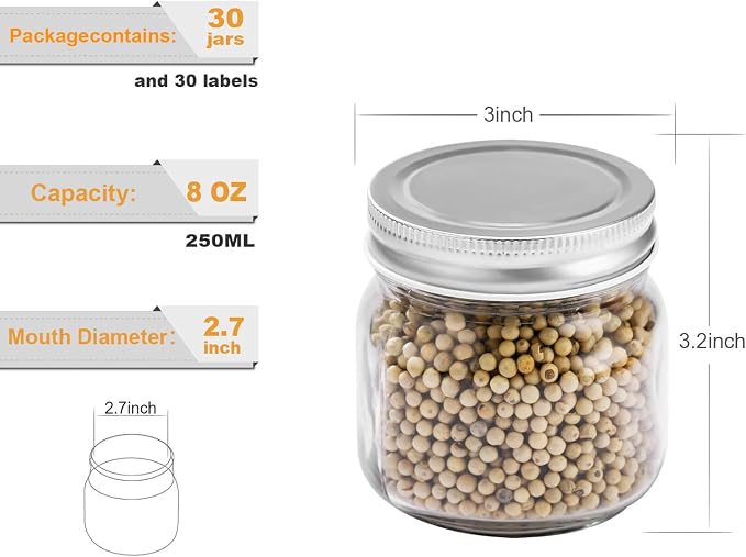 Rainforce Mason Jars 8 oz 30 Pack Small Glass Caning Jars with Silver Lids | 1/4 Quart canning jars regular mouth with 20 labels,1 pen.For food storage,meal prep,jelly,jam,honey,pickles,spice glass jars